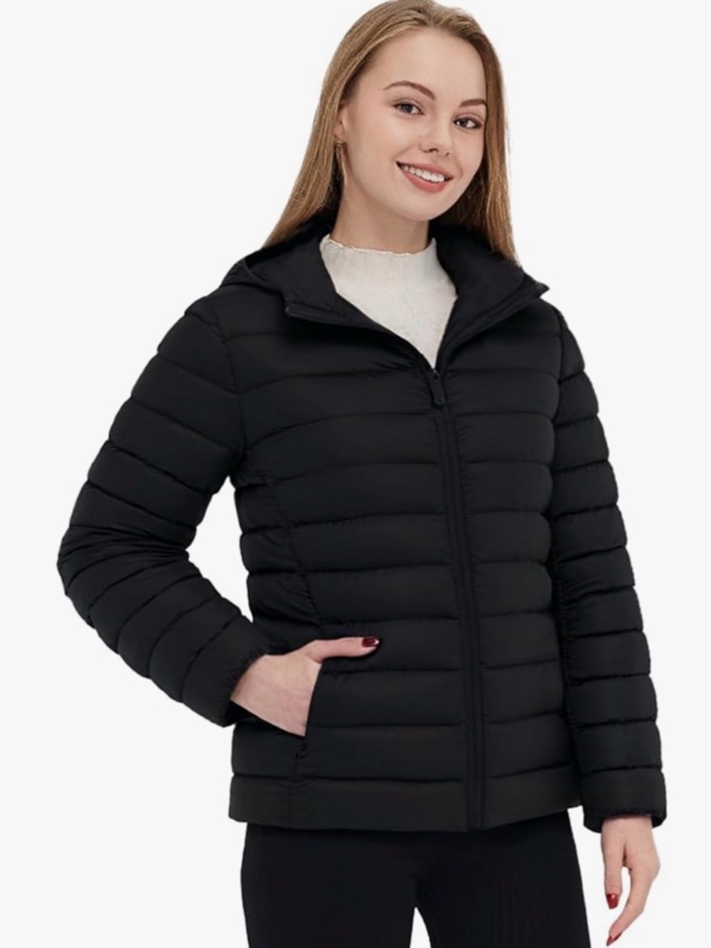 Classic Women's Black Packable Puffer Jacket with Zip Front